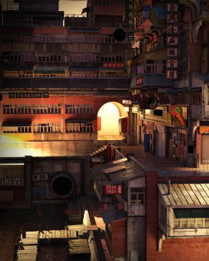 Fantezi Chinatown kentsel görünümünü sokakları, mağazaları, gece