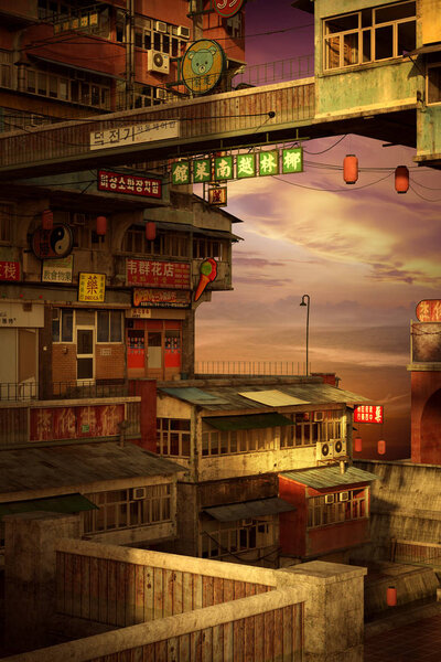 Fantasy Chinatown Urban View of Streets, Shops at Night