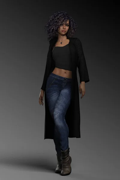 Urban Fantasy Woman in Jeans, African American with Curly Hair in Action Pose
