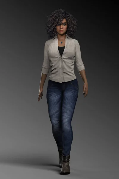 Urban Fantasy Woman in Jeans, African American with Curly Hair in Action Pose