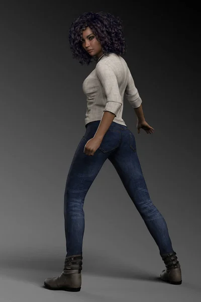 Mulher Fantasia Urbana Jeans Afro Americana Com Cabelo Encaracolado Ação — Fotografia de Stock