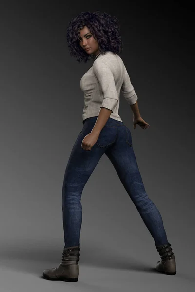 Urban Fantasy Woman Jeans Afro Américaine Aux Cheveux Bouclés Action — Photo