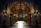 CGI ilustrace Fantasy hrad nebo katedrála interiéru při svíčkách