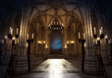 Fantezi kale veya mum ışığında katedral iç CGI çizimi