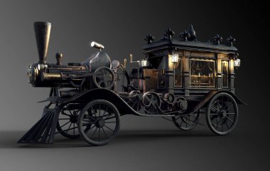 Steampunk cenaze arabası ile Gaslamps ve mumlar, demir ve pirinç