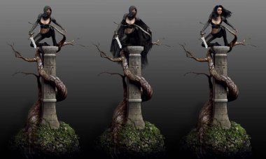 Fantasy Rogue Or Assassin Perched on Stone Column, Three Different Outfits clipart
