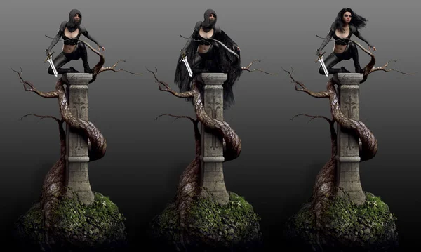 Fantasy Rogue Assassin Perched Stone Column Three Different Outfits — Stock Photo, Image