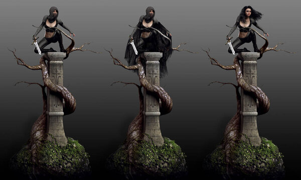 Fantasy Rogue or Assassin Perched on Stone Column, Three Different Outfits
