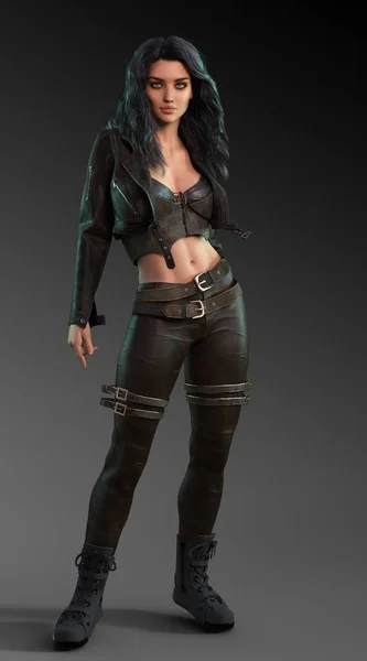 Sexy Urban Fantasy Woman Leather Pants Long Black Hair — Stock Photo, Image