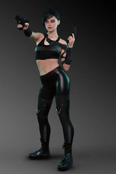 Asesino Cibernético Urban Fantasy Sci Mujer Con Armas —  Fotos de Stock