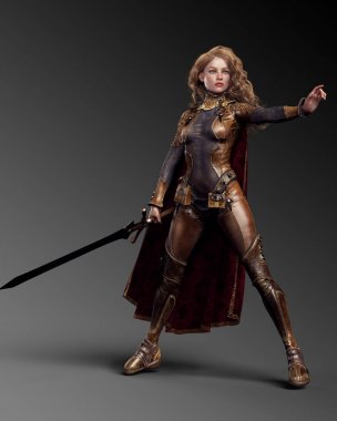 Deri Zırh ve Pelerin, Kılıç ve Uzun Sarı Saç Fantasy Knight Mage