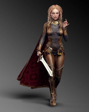 Fantasy Knight Mage in Leather Armor and Cloak, Sword and Long Blonde Hair clipart