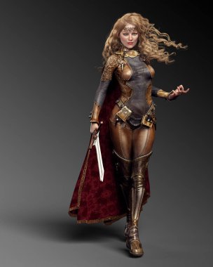 Deri Zırh ve Pelerin, Kılıç ve Uzun Sarı Saç Fantasy Knight Mage