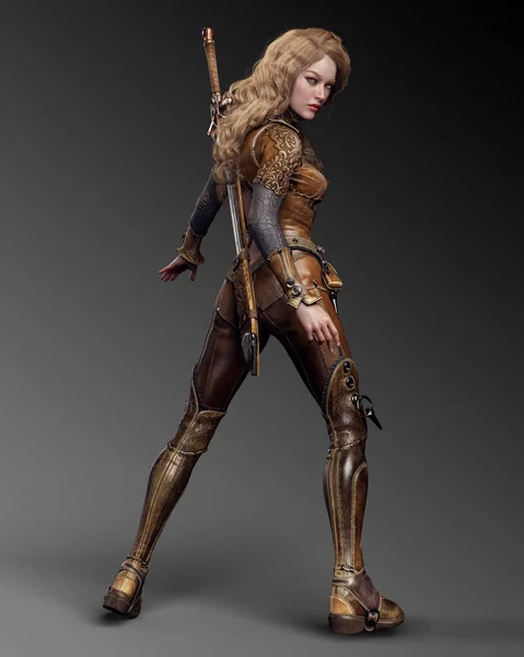 Fantasy Knight Mage in Leather Armor and Cloak, Sword and Long Blonde Hair