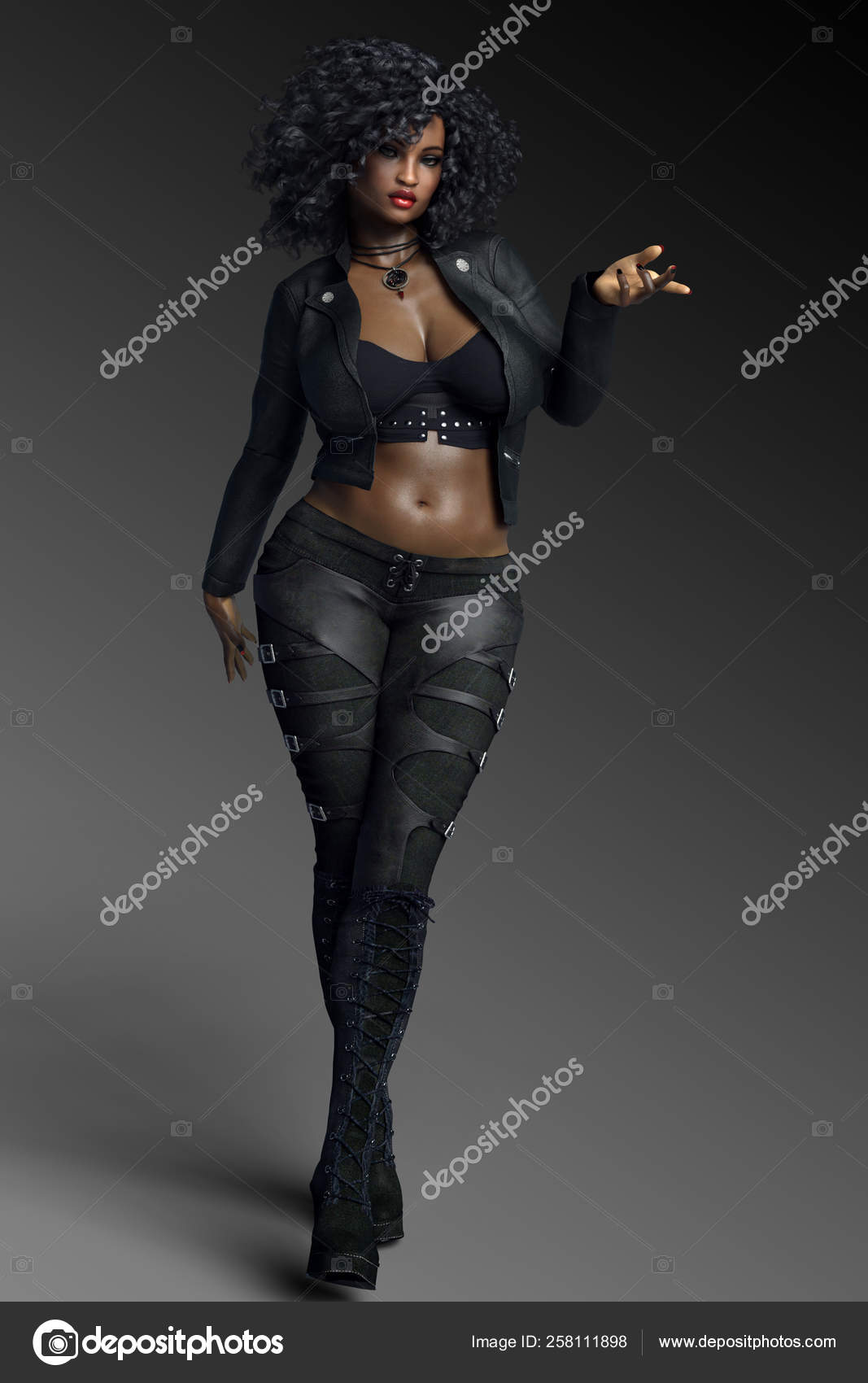 Urban Fantasy Poc Woman Curves Black Leather Stock Photo by