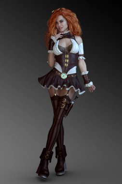 Kırmızı Saçlı Seksi Kıyafetfantezi Steampunk Kadın