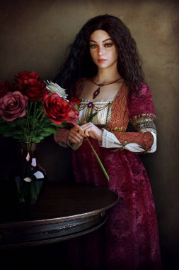 Fantasy Renaissance Woman with Vase of Roses clipart