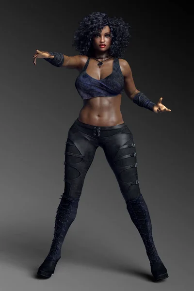 Urban Fantasy Poc Woman Curves Black Leather — Stock Photo, Image