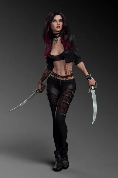 Urban Fantasy Punk Woman in Black Leather with Daggers