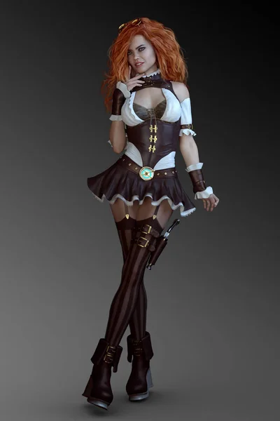 Fantasy Steampunk Woman Sexy Outfit Red Hair — Stock Photo, Image
