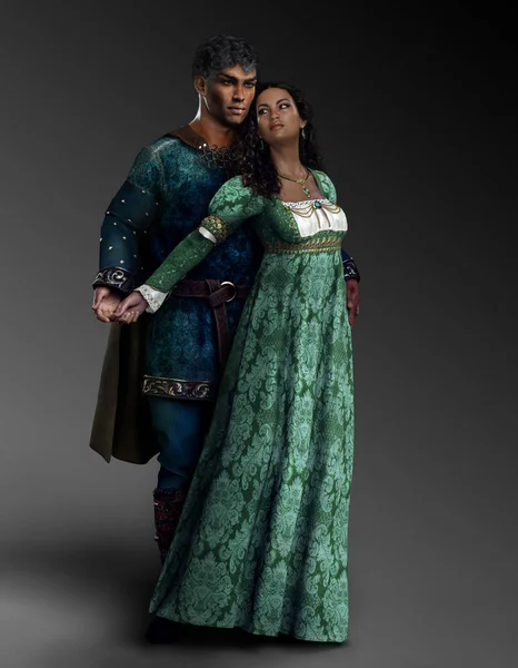 Fantasy Romantic Medieval Couple in Green Renaissance Clothing