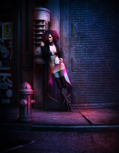 Cyberpunk Sci Street Corner Con Sexy Rossa — Foto Stock