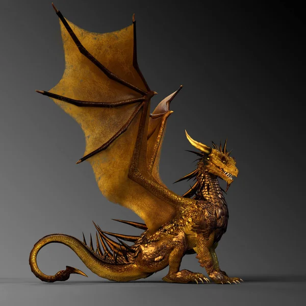 Golden Fantasy Dragon Sentado — Foto de Stock