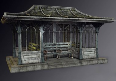 Eski Otobüs Durağı ve Tezgahları Cgi Render