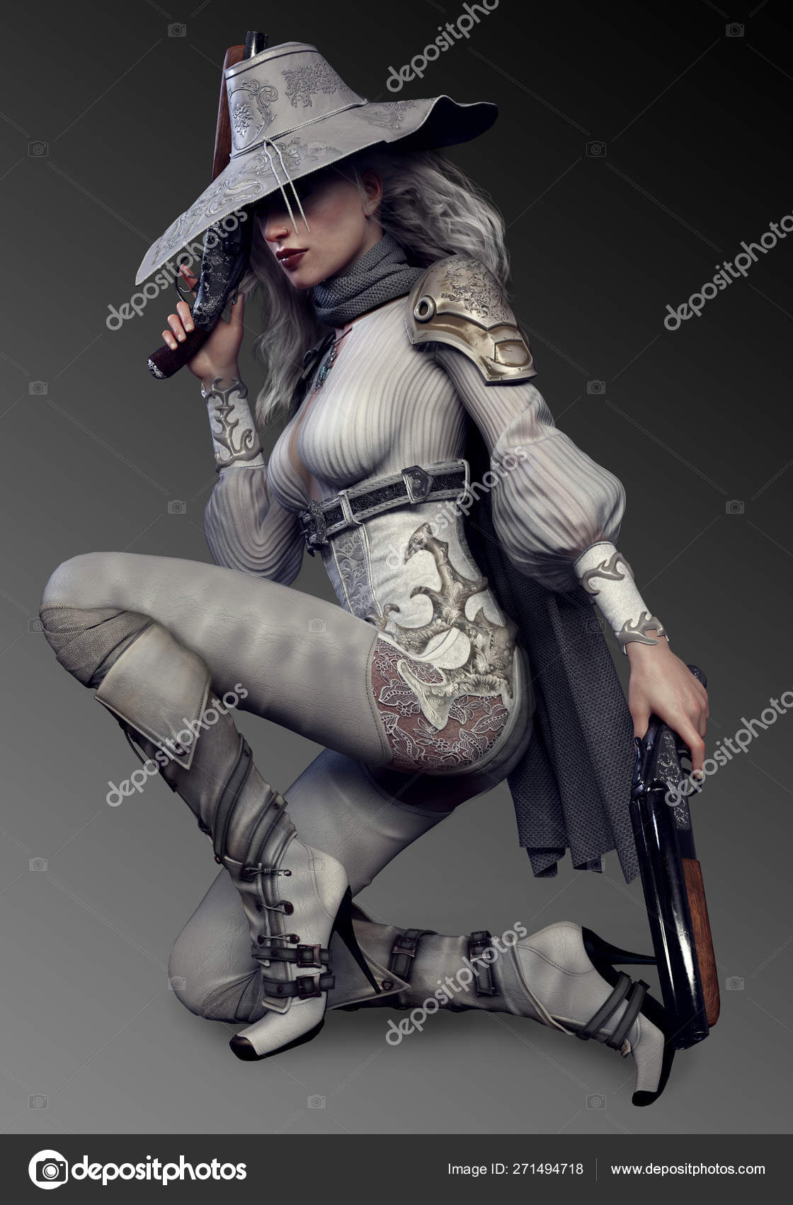Pale Steampunk Huntress White Leather Fantasy Armor Pistol Stock Photo by  ©Ravven 271494718