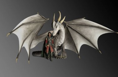 Dragon Rider Warrior üzerinde Beyaz Ejderha Oturmuş