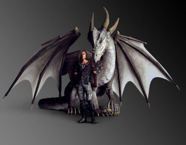 Dragon Rider Warrior üzerinde Beyaz Ejderha Oturmuş