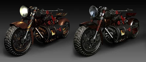 Steampunk Disztópikus Urban Fantasy Motorkerékpár Duo — Stock Fotó