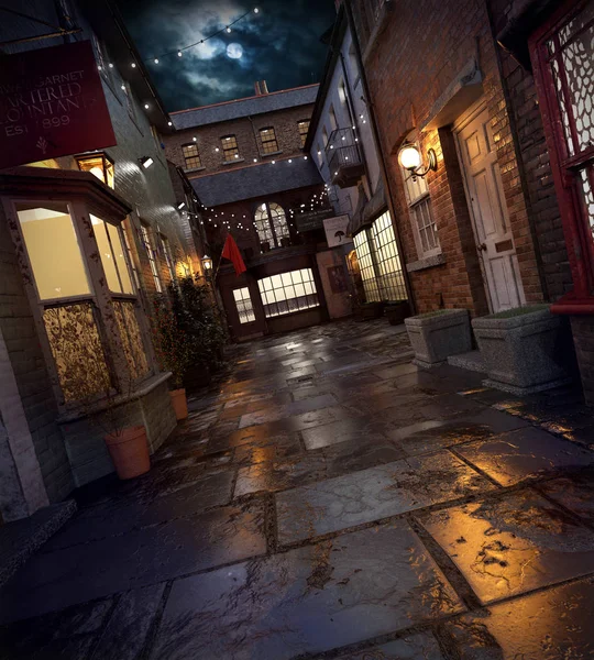 Dark Alley Natten London Med Upplysta Butiker — Stockfoto