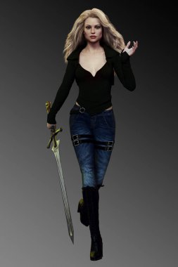 Urban Fantasy Blonde Woman with Sword in Jeans and Black Jacket