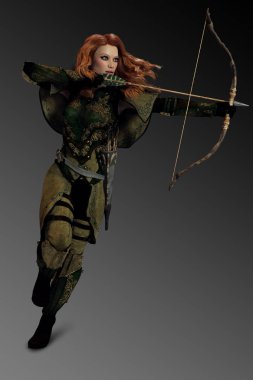 Kızıl Saçlı Fantezi Elf Okçu veya Ranger Çekim bir Yay
