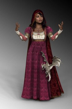Fantezi Genç Kız, Minik Ejderha ile Rönesans Elbisesi Dragon Mage