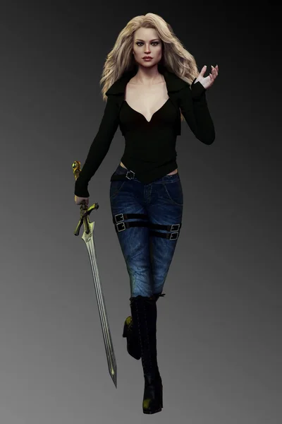 ジーンズと黒のジャケットで剣を持つアーバンファンタジーブロンドの女性 — ストック写真