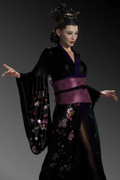 Beautiful Fantasy Geisha Black Kimono — Stock Photo, Image