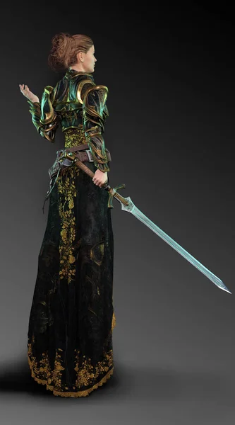 幻想中世纪女人与剑在盔甲和长袍 — 图库照片