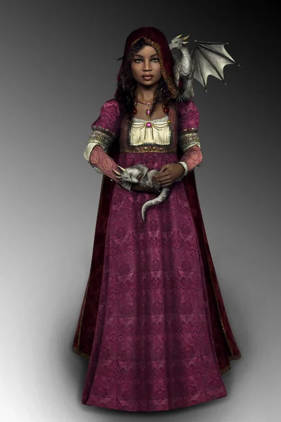 Fantezi Genç Kız Minik Ejderha Ile Rönesans Elbisesi Dragon Mage — Stok fotoğraf