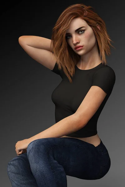 Redhead with Freckles in Black Tshirt and Jeans