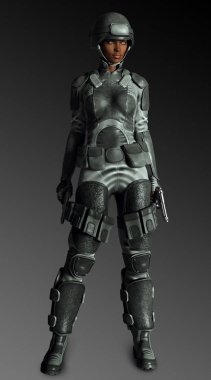 Silah ve Kask ile Camo Sci Fi Kadın Uzay Deniz veya Cop