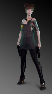 Blasters ile Sci Fi Cyberpunk Kawaii Assassin