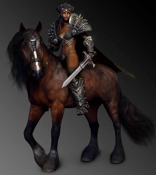 Fantasy Barbarian Horse Warrior Bay Paard Met Zwaard — Stockfoto