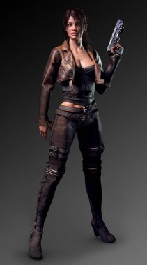 Silah ile Kahverengi Deri Ceket ve Pantolon Kentsel Fantasy Woman