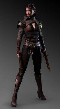 Fantazi Savaşçı, Korsan veya Blunderbuss ile Deri Zırh Swashbuckler
