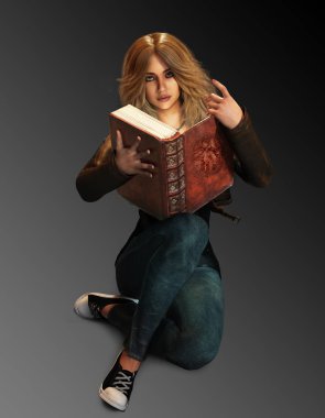 Girl in Jeans Oturan, Magic Büyü Antik Kitap Holding