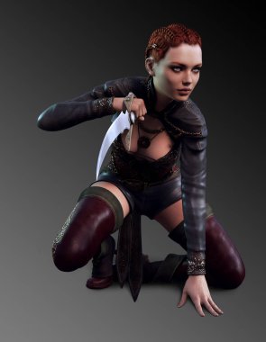 Deri Zırh Diz çökmüş Kavisli Hançer ile Fantasy Assassin
