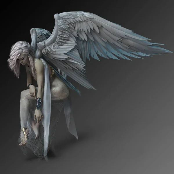Fantasy Pensive Angel Met Witte Vleugels Naar Beneden Kijken — Stockfoto