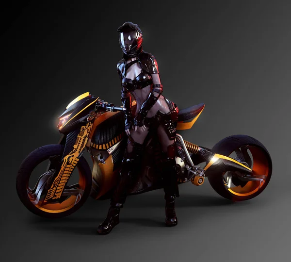 Fantasy or Cyberpunk Woman in Helmet with Futuristic Bike in Leathers